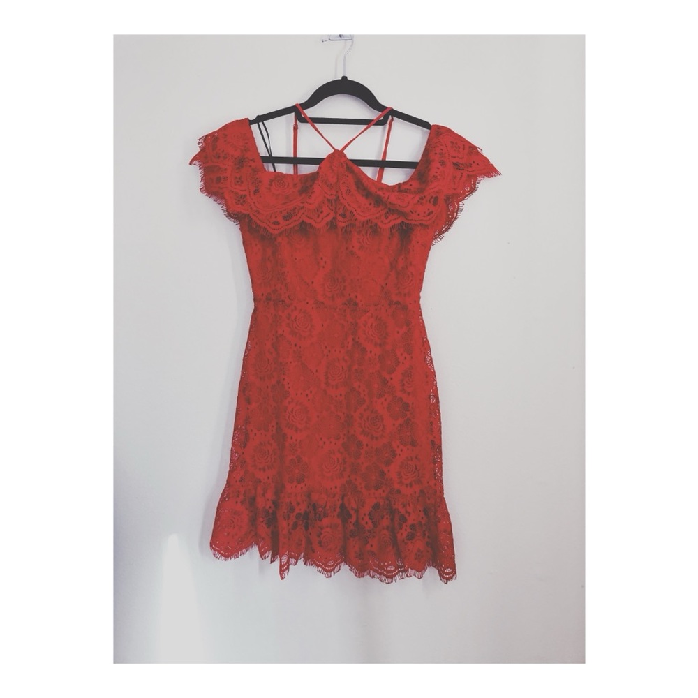 LOST + WANDER L'AMOUR RED RUFFLE LACE DRESS